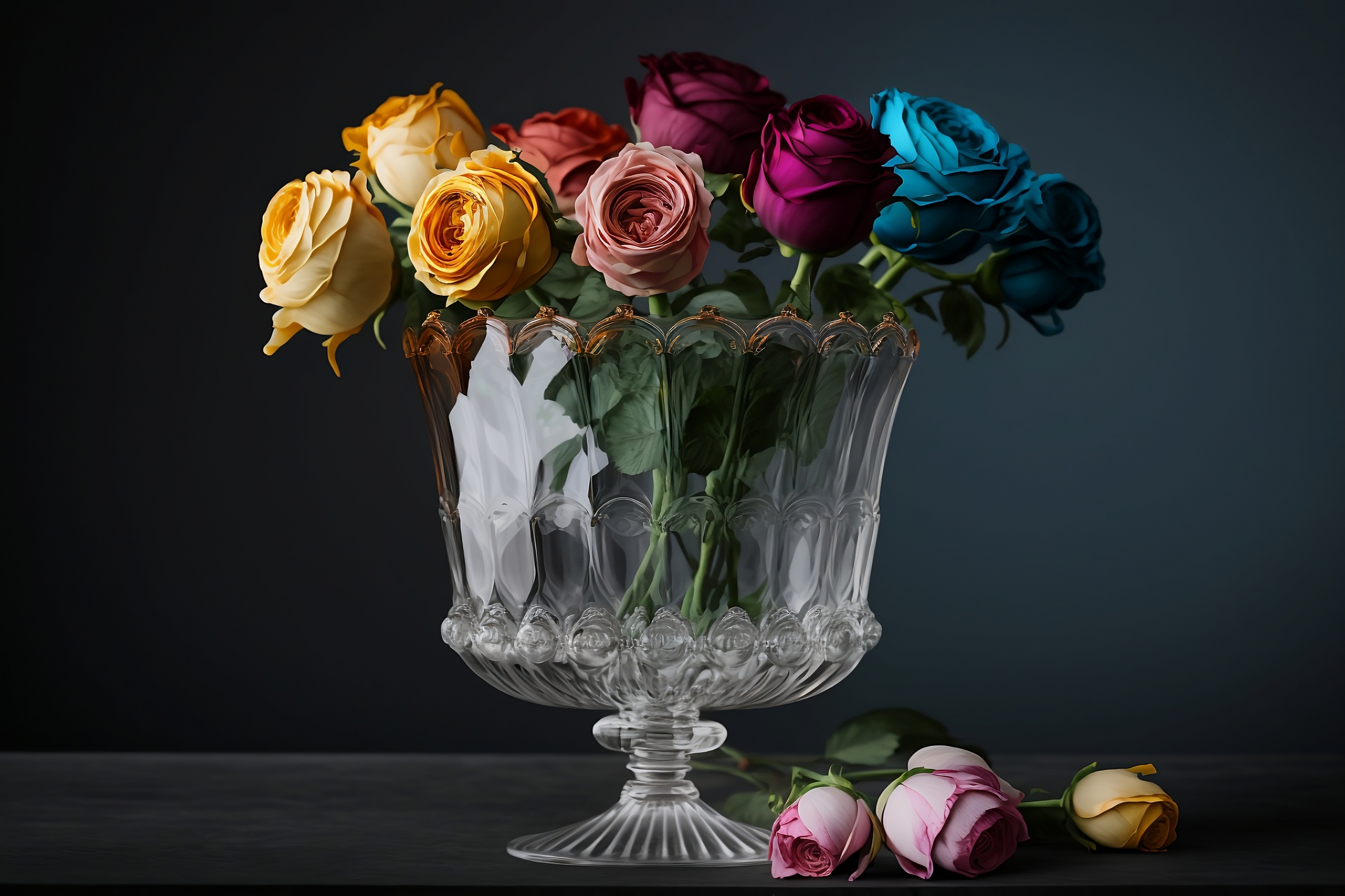 stock-photo-wonderful-roses-different-colors-in-a-glass-vase-1062199062